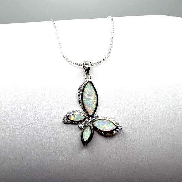 .925 Sterling Silver Lab Created Opal & Cz Butterfly Necklace - Picture 3 of 17